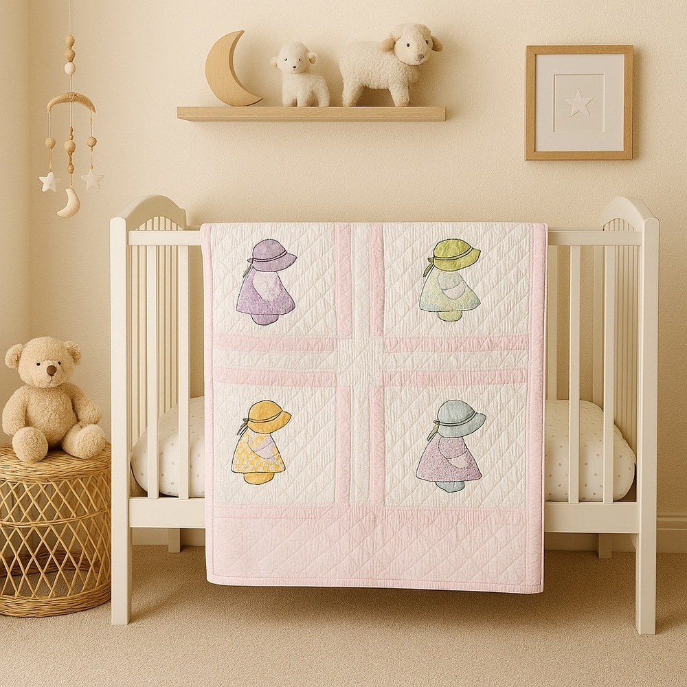 Vintage Sunbonnet Sue Baby Quilt Hand-Quilted – 39” x 51”
